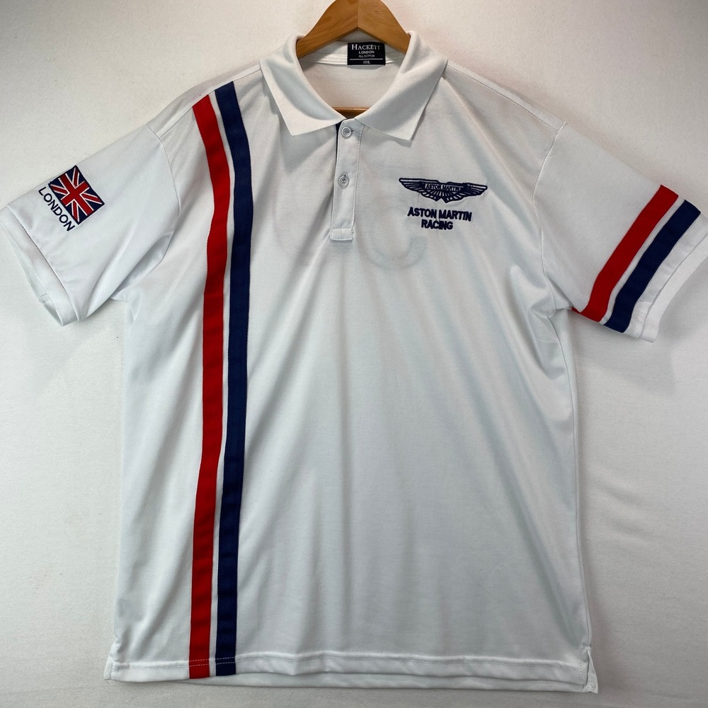 Hackett London Aston Martin Racing Men XXXL White Cotton Stripe Polo Shirt